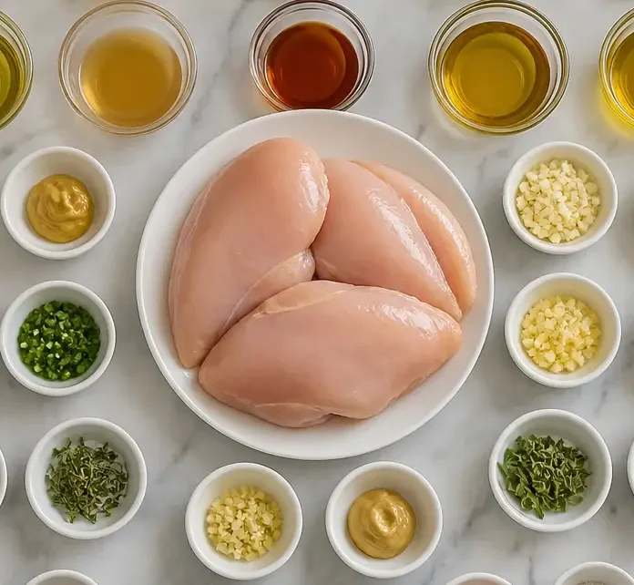 Healthy Chicken Marinades for Weight Loss Meal Prep (5 Flavors) 3 Fresh chicken breasts, lime, garlic, herbs, spices, and oil arranged on wooden surface