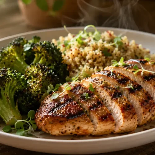 High Protein Meal Prep for Women displayed in glass containers with grilled chicken and vegetables