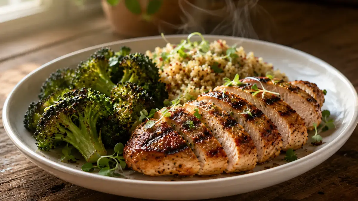 High Protein Meal Prep for Women displayed in glass containers with grilled chicken and vegetables