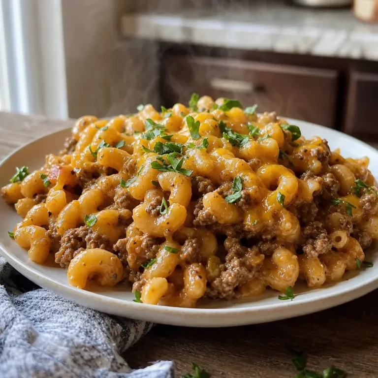 High Protein Cheeseburger Pasta served in a white bowl with melted cheese and ground beef