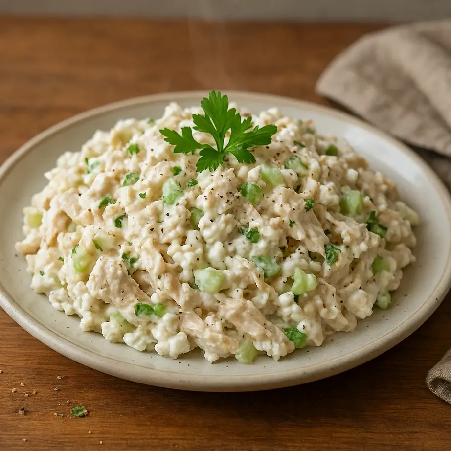 Chicken Salad with Cottage Cheese served in a white bowl, garnished with fresh greens and herbs