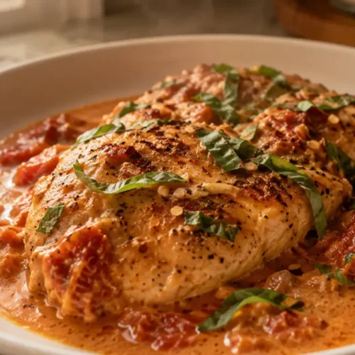 High Protein Marry Me Chicken Meal Prep (No Heavy Cream) 6 Marry Me Chicken Meal Prep sits golden on a white plate, garnished with fresh herbs.