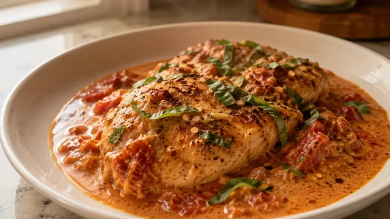 Marry Me Chicken Meal Prep sits golden on a white plate, garnished with fresh herbs.