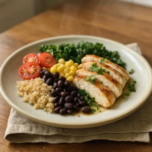 High Protein Mason Jar Salads (Meal Prep Lunches) 6 High Protein Mason Jar Salads arranged in clear glass jars with colorful layered vegetables and grilled chicken.