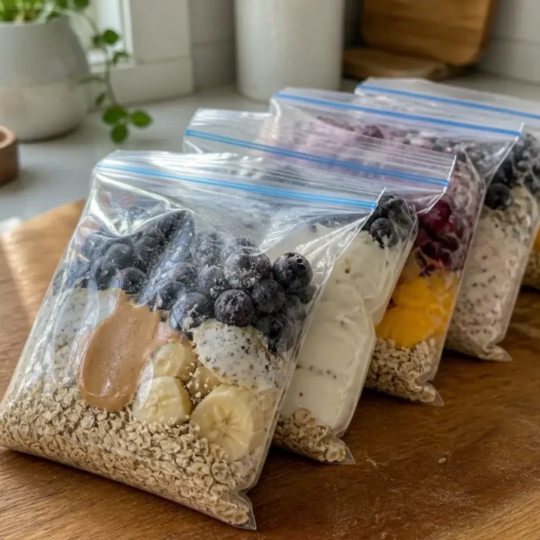High Protein Smoothie Meal Prep (Freezer Packs, 5 Days) 7 High Protein Smoothie Meal Prep featuring five colorful freezer-friendly smoothie packs ready to blend.