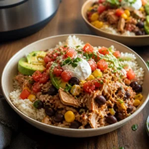 Instant Pot Chicken Burrito Bowls (Easy High Protein Meal Prep) 5 Instant Pot Chicken Burrito Bowls served in meal prep containers with rice and toppings