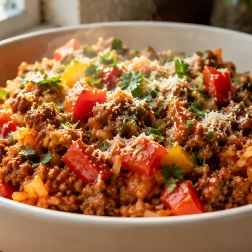 Meal Prep Unstuffed Pepper Bowls (High Protein, Low Calorie) 6 Unstuffed Pepper Bowls topped with ground meat, rice, and melted cheese in meal prep containers