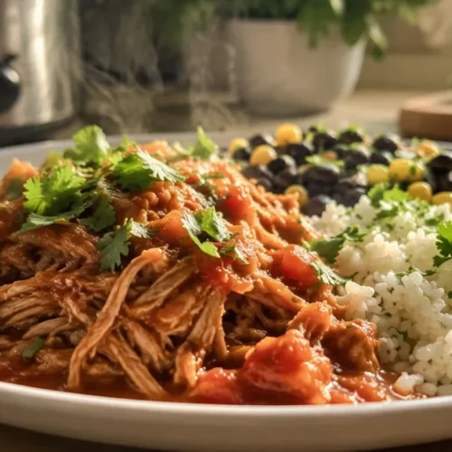 Slow Cooker Salsa Chicken Meal Prep finished dish showcasing tender shredded chicken coated in salsa sauce