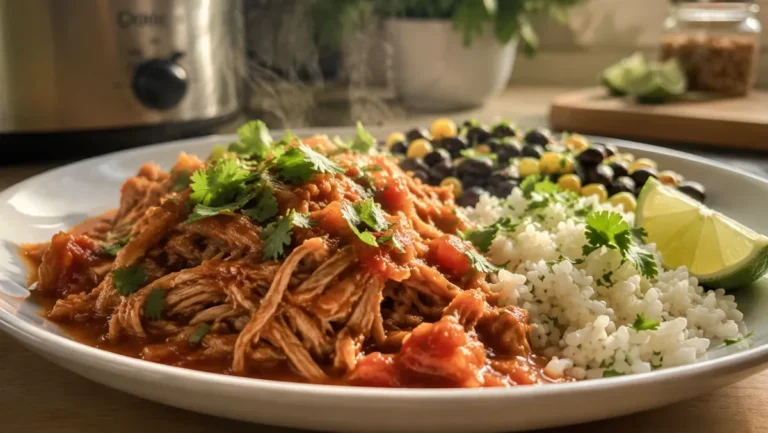 Slow Cooker Salsa Chicken Meal Prep finished dish showcasing tender shredded chicken coated in salsa sauce