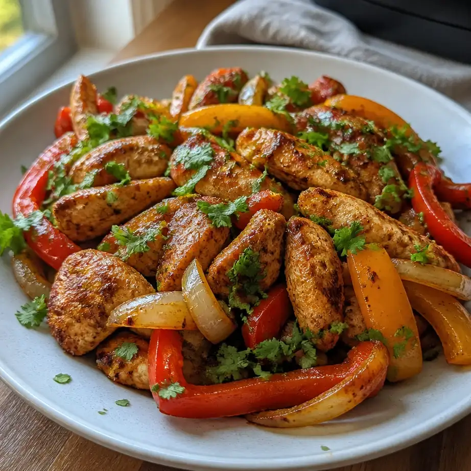 Air Fryer Chicken Fajitas sizzling in basket with colorful peppers and onions ready