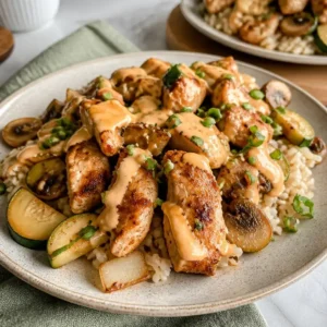 Air Fryer Chicken Hibachi Meal Prep (High Protein, Yum Yum Sauce) 5 Air Fryer Chicken Hibachi meal prep with colorful vegetables and signature yum yum sauce drizzle