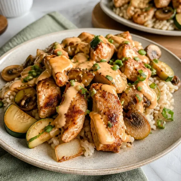 Air Fryer Chicken Hibachi Meal Prep (High Protein, Yum Yum Sauce) 1 Air Fryer Chicken Hibachi meal prep with colorful vegetables and signature yum yum sauce drizzle