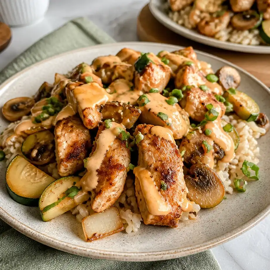 Air Fryer Chicken Hibachi meal prep with colorful vegetables and signature yum yum sauce drizzle