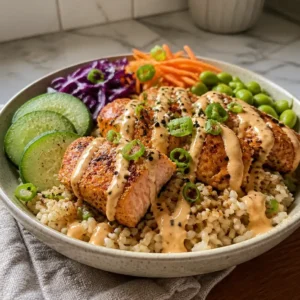 Air Fryer Crispy Bang Bang Salmon Bowls ( High Protein Meal Prep) 6 Air fryer bang bang salmon bowls topped with crispy salmon fillets and creamy spicy sauce drizzle