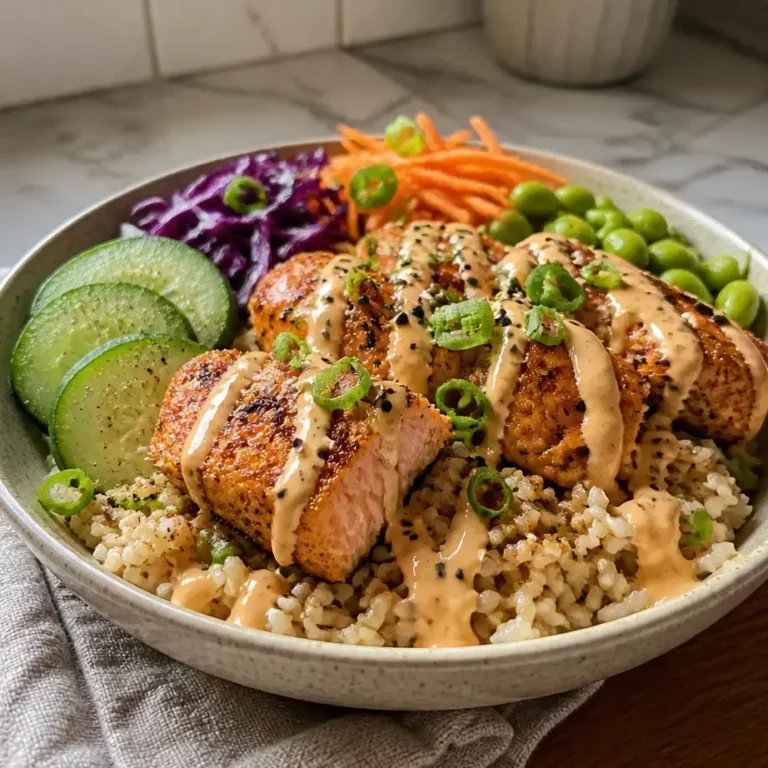Air Fryer Crispy Bang Bang Salmon Bowls ( High Protein Meal Prep) 8 Air fryer bang bang salmon bowls topped with crispy salmon fillets and creamy spicy sauce drizzle