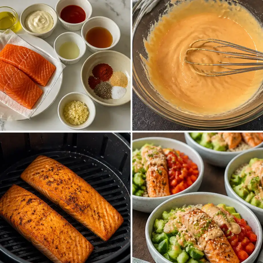 Air Fryer Crispy Bang Bang Salmon Bowls ( High Protein Meal Prep) 4 Cooking steps