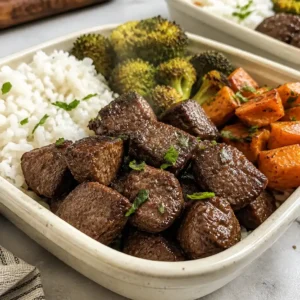 Air Fryer Steak Bites Meal Prep (High Protein, 10 Minutes) 6 Air Fryer Steak Bites golden brown and perfectly cooked, ready for meal prep portions