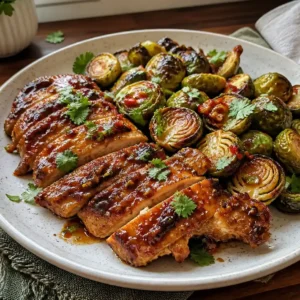 Air Fryer Sweet Chili Chicken and Brussels (High Protein Meal Prep) 6 Air Fryer Sweet Chili Chicken with roasted Brussels sprouts, glazed and golden brown