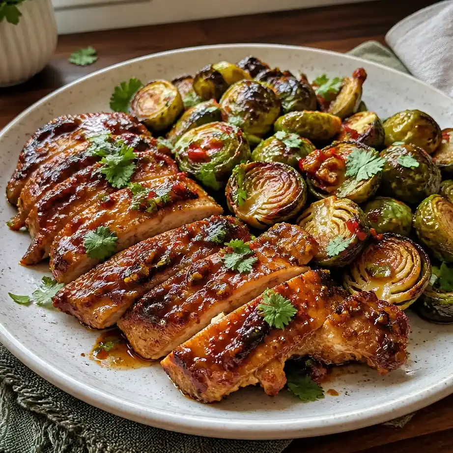 Air Fryer Sweet Chili Chicken with roasted Brussels sprouts, glazed and golden brown