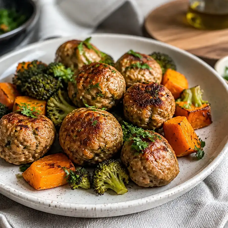 Air Fryer Turkey Meatballs stacked on a white plate, golden brown and cooked perfectly