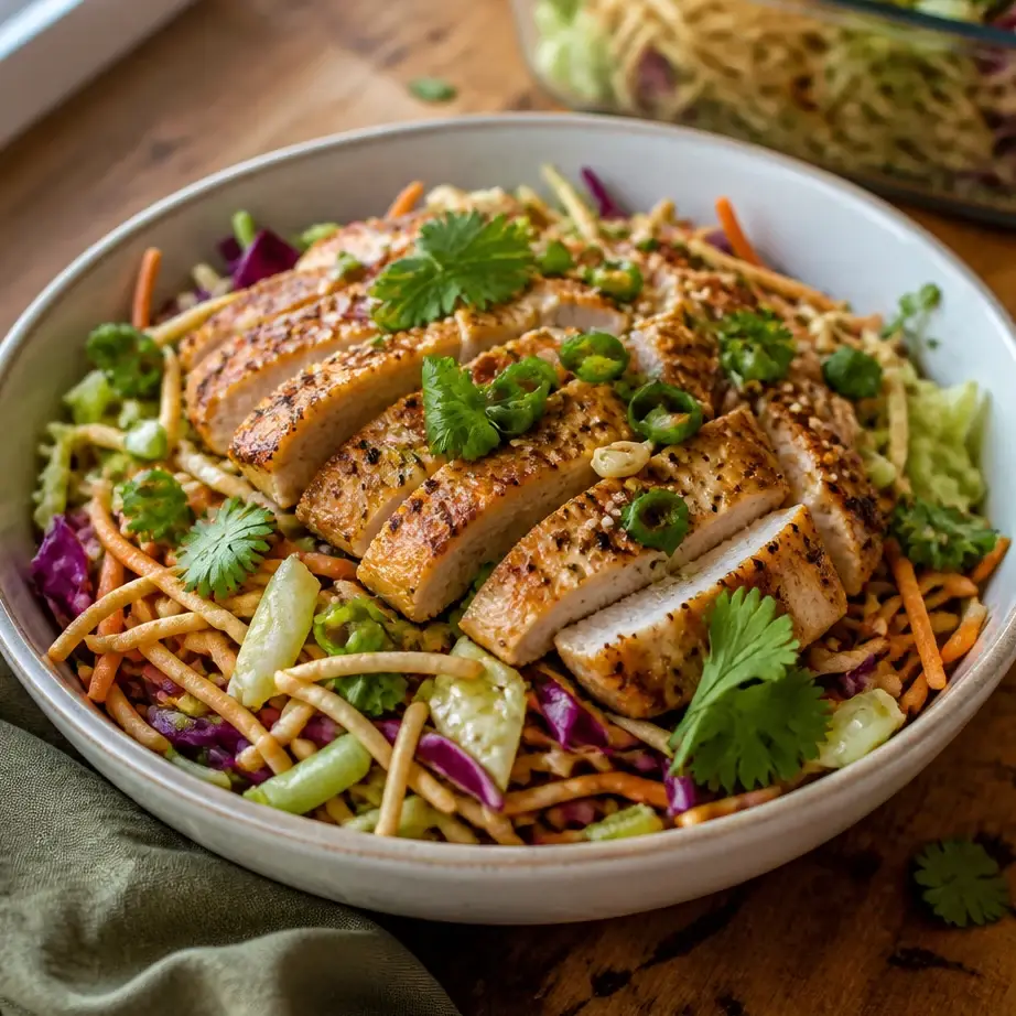 Asian Chicken Crunch Salad with tender grilled chicken, crispy vegetables, and creamy sesame dressing
