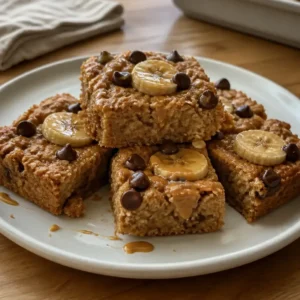 Banana Protein Baked Oatmeal Bars (High Protein Breakfast Meal Prep) 6 Banana Protein Baked Oatmeal bars stacked showing moist, golden-brown texture with visible oats
