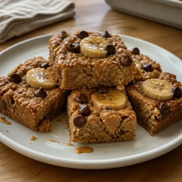 Banana Protein Baked Oatmeal Bars (High Protein Breakfast Meal Prep) 9 Banana Protein Baked Oatmeal bars stacked showing moist, golden-brown texture with visible oats