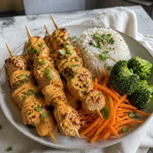 Bang Bang Chicken Skewers Meal Prep (High Protein Lunch) 6 Bang Bang Chicken Skewers stacked on a white plate, perfectly charred and glazed with creamy spicy sauce