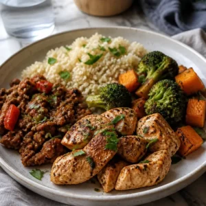Beginner High Protein Meal Prep Plan for the Week (No Experience Needed) 5 Beginner meal prep plan for the week with high protein chicken, rice, and colorful vegetables arranged in clear containers