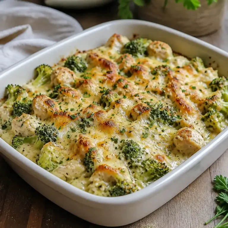 Creamy Low Carb Chicken Casserole (High Protein Dinner Meal Prep) 7 Low Carb Chicken Casserole with creamy sauce and melted cheese in baking dish, ready to serve