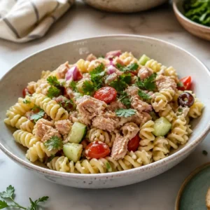 Easy Tuna Pasta Salad Meal Prep (High Protein, No Mayo Option) 6 Tuna Pasta Salad Meal Prep in glass containers ready for high-protein weekly meals