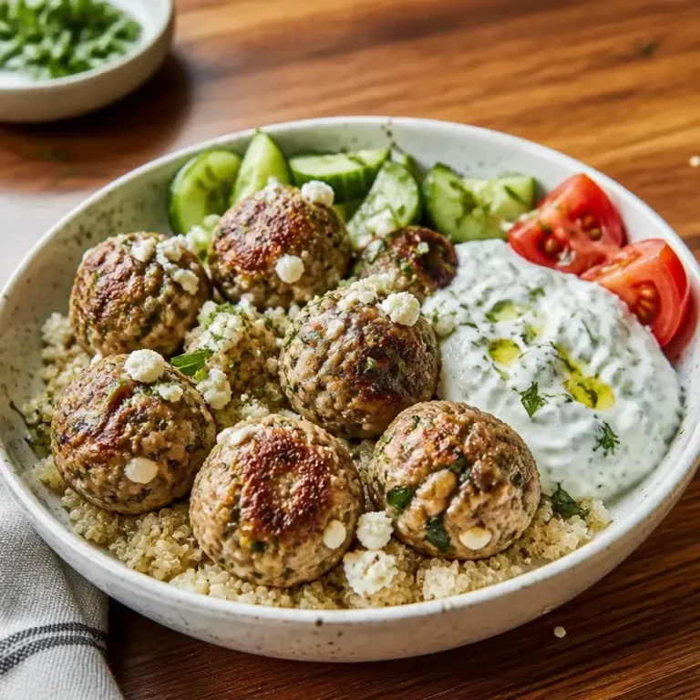 Greek Turkey Meatballs with Tzatziki Bowls (High Protein Lunch Prep) 9 Greek Turkey Meatballs with Tzatziki Bowls arranged in meal prep containers for high protein lunch
