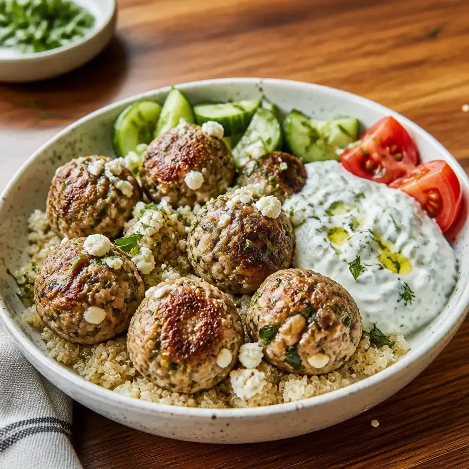 Greek Turkey Meatballs with Tzatziki Bowls arranged in meal prep containers for high protein lunch