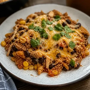 Healthy Enchilada Skillet loaded with ground turkey, black beans, and melted cheese.