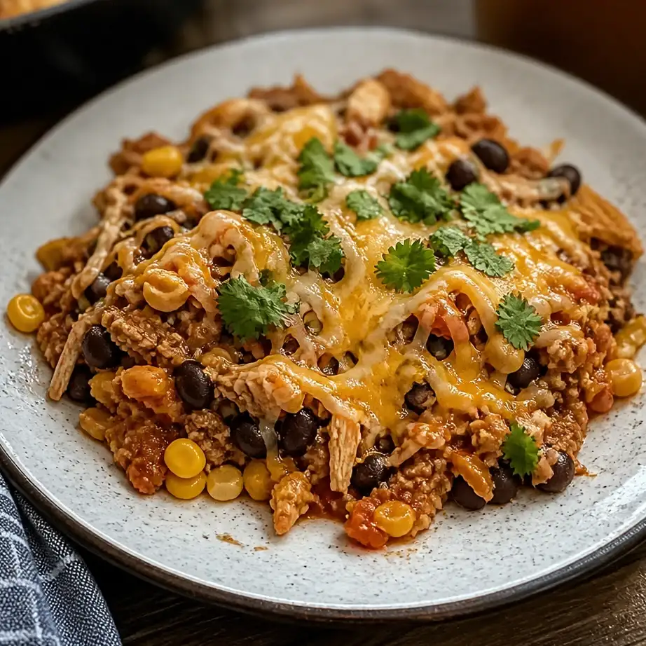 Healthy Enchilada Skillet loaded with ground turkey, black beans, and melted cheese.