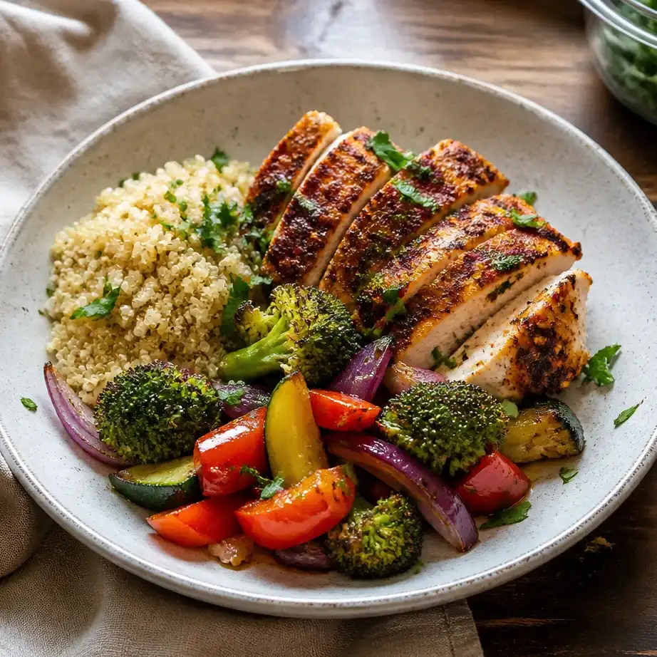 Air Fryer Chicken Meal Prep with perfectly cooked golden-brown chicken breasts portioned into containers