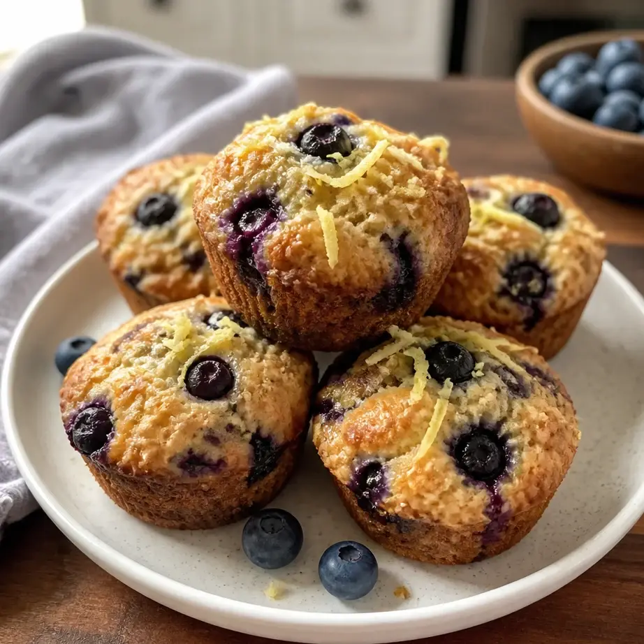 Blueberry Cottage Cheese Muffins stacked together showing moist texture with fresh blueberries throughout.