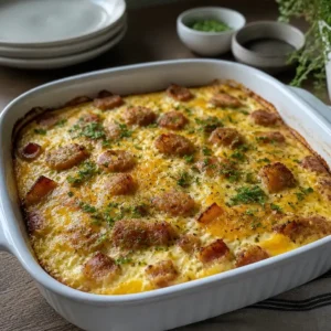 High Protein Breakfast Casserole sliced and golden brown, topped with melted cheese and herbs.