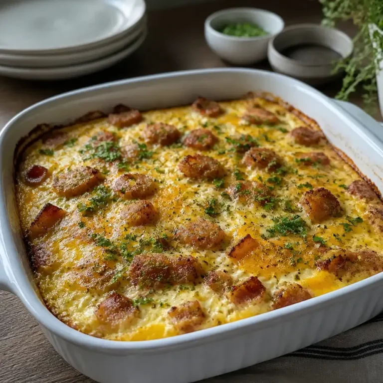 High Protein Breakfast Casserole sliced and golden brown, topped with melted cheese and herbs.