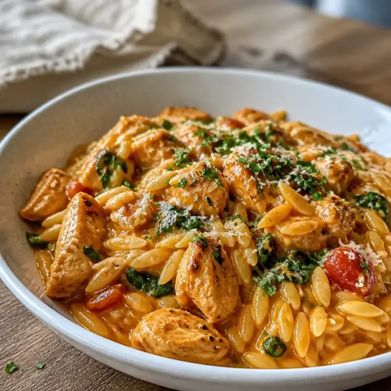 High Protein Chicken Orzo served in a single pot with fresh vegetables and creamy sauce.