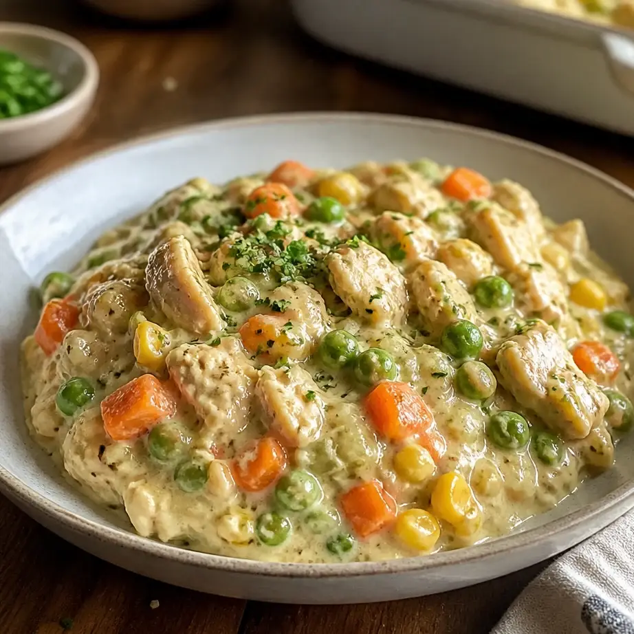 Crustless Chicken Pot Pie with golden baked top, creamy filling, and tender chicken pieces throughout