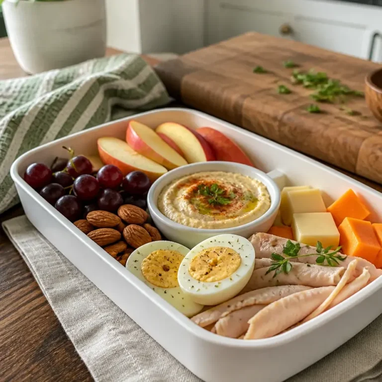 High Protein Snack Box Lunch (Adult Lunchable Meal Prep) 1 High Protein Snack Box Lunch with grilled chicken, cheese, nuts, and fresh berries displayed.