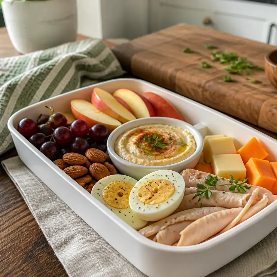 High Protein Snack Box Lunch with grilled chicken, cheese, nuts, and fresh berries displayed.