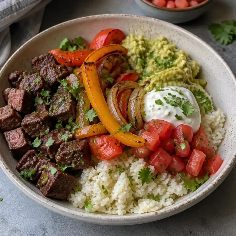Steak Fajita Bowls loaded with seasoned beef, peppers, and fresh toppings for meal prep
