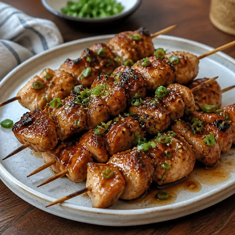 Honey Garlic Chicken Skewers (High Protein Dinner Meal Prep) 8 Honey Garlic Chicken Skewers displayed on white plate, glazed and golden brown