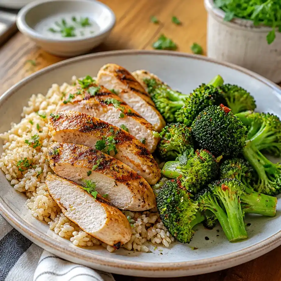 Track Macros for High Protein meal prep containers displaying perfectly portioned chicken, rice, and vegetables