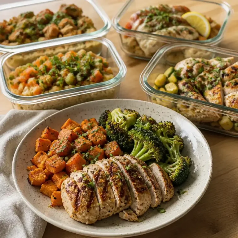 Low Calorie High Protein Meal Prep for Fat Loss (25g+ Protein Per Meal) 8 Low Calorie High Protein Meal Prep containers filled with grilled chicken breast and fresh vegetables