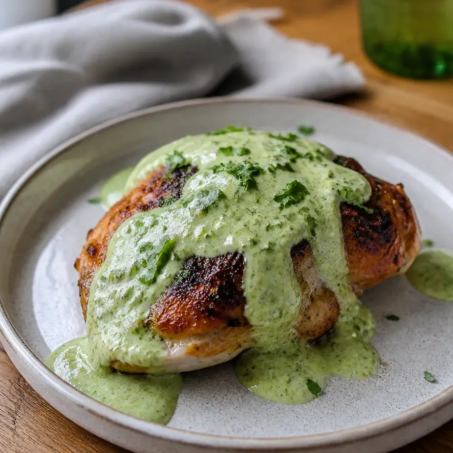 Peruvian Chicken with Green Sauce served on white plate with creamy cilantro topping