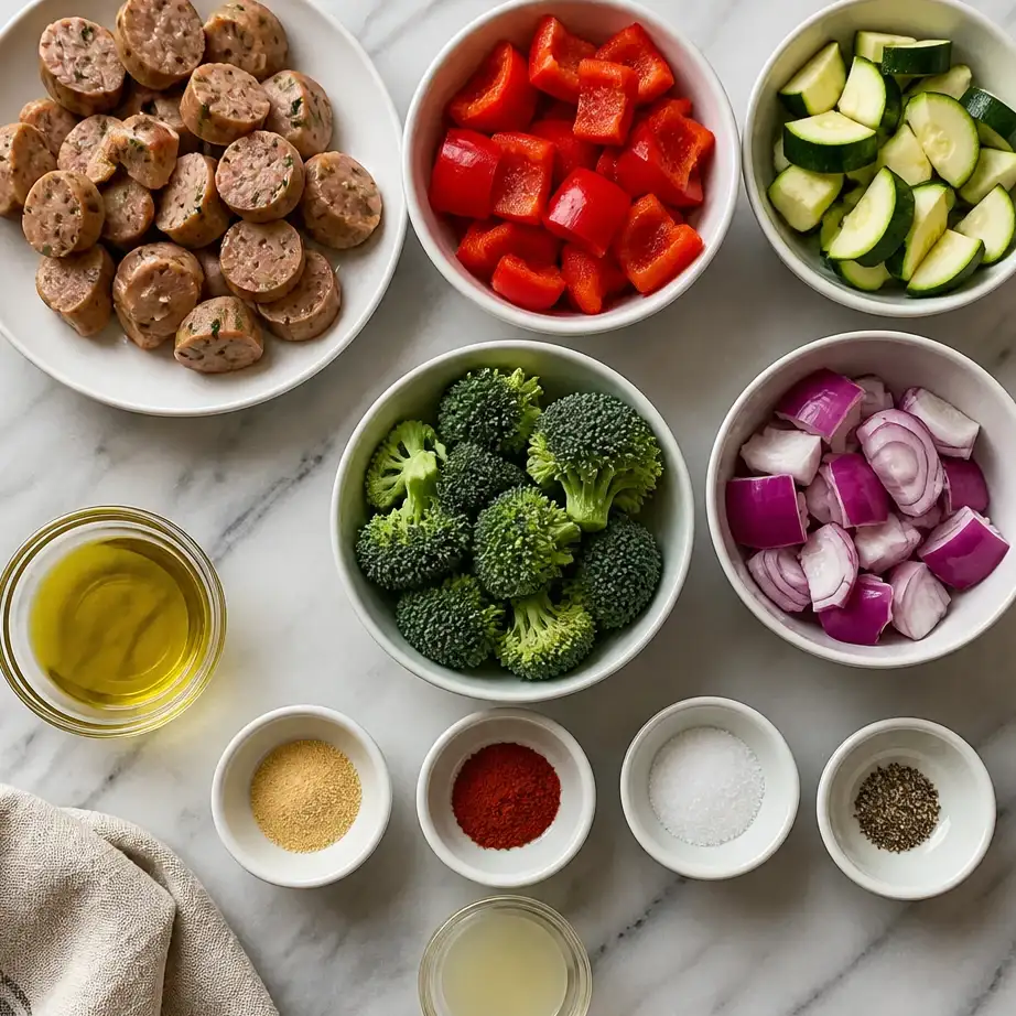 Sheet Pan Chicken Sausage and Veggies (10-Minute Beginner Meal Prep) 3 Ingredients