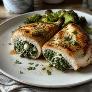 Spinach Stuffed Chicken Breast plated with vibrant green filling, tender and juicy low carb dinner